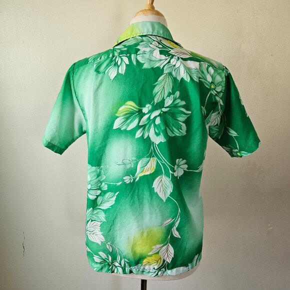 Vintage 70s Hawaiian Polyester Tropical Beach Summer Button Front Shirt Green S - Picture 4 of 5